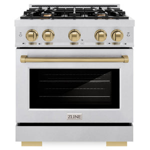 ZLINE Autograph 30" 4.2 cu. ft. Select Dual Fuel Range with 4 Burners in DuraSnow® Stainless Steel with Champagne Bronze Accents, HDRSZ-30-CB