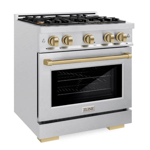 ZLINE Autograph 30" 4.2 cu. ft. Select Dual Fuel Range with 4 Burners in DuraSnow® Stainless Steel with Champagne Bronze Accents, HDRSZ-30-CB