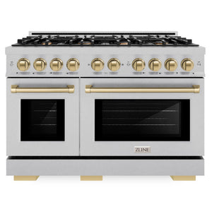 ZLINE Autograph 48" 6.7 cu. ft. Select Double Oven Dual Fuel Range with 8 Burners in DuraSnow® Stainless Steel and Champagne Bronze Accents, HDRSZ-48-CB