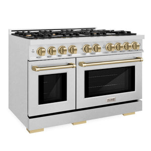 ZLINE Autograph 48" 6.7 cu. ft. Select Double Oven Dual Fuel Range with 8 Burners in DuraSnow® Stainless Steel and Champagne Bronze Accents, HDRSZ-48-CB