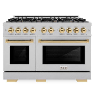ZLINE Autograph 48" 6.7 cu. ft. Select Double Oven Dual Fuel Range with 8 Burners in DuraSnow® Stainless Steel and Polished Gold Accents, HDRSZ-48-G