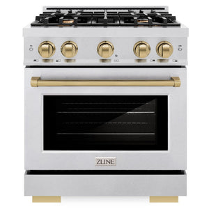 ZLINE Autograph 30" 4.2 cu. ft. Select Gas Range with 4 Burners in DuraSnow® Stainless Steel and Champagne Bronze Accents, HGRSZ-30-CB