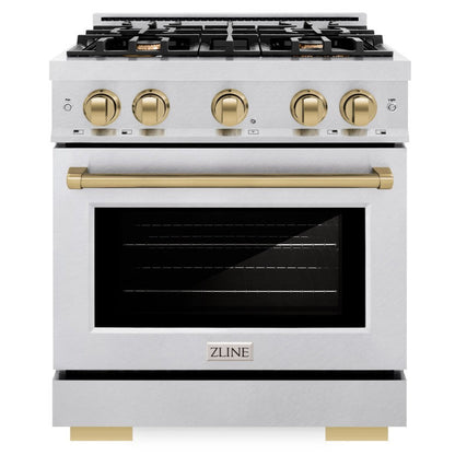 ZLINE Autograph 30" 4.2 cu. ft. Select Gas Range with 4 Burners in DuraSnow® Stainless Steel and Champagne Bronze Accents, HGRSZ-30-CB