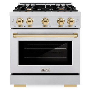 ZLINE Autograph 30" 4.2 cu. ft. Select Gas Range with 4 Burners in DuraSnow® Stainless Steel and Polished Gold Accents, HGRSZ-30-G