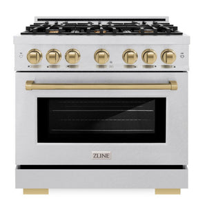 ZLINE Autograph 36" 5.2 cu. ft. Select Gas Range with 6 Burners in DuraSnow® Stainless Steel and Champagne Bronze Accents, HGRSZ-36-CB