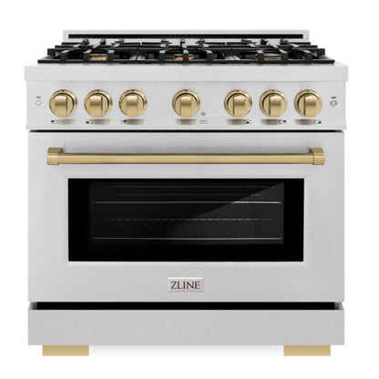 ZLINE Autograph 36" 5.2 cu. ft. Select Gas Range with 6 Burners in DuraSnow® Stainless Steel and Champagne Bronze Accents, HGRSZ-36-CB