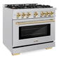 ZLINE Autograph 36" 5.2 cu. ft. Select Gas Range with 6 Burners in DuraSnow® Stainless Steel and Polished Gold Accents, HGRSZ-36-G