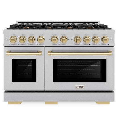 ZLINE Autograph 48" 6.7 cu. ft. Select Double Oven Gas Range with 8 Burners in DuraSnow® Stainless Steel and Champagne Bronze Accents, HGRSZ-48-CB
