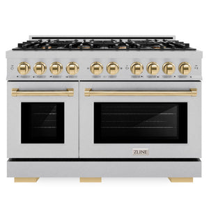 ZLINE Autograph 48" 6.7 cu. ft. Select Double Oven Gas Range with 8 Burners in DuraSnow® Stainless Steel and Polished Gold Accents, HGRSZ-48-G