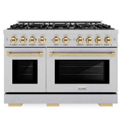 ZLINE Autograph 48" 6.7 cu. ft. Select Double Oven Gas Range with 8 Burners in DuraSnow® Stainless Steel and Polished Gold Accents, HGRSZ-48-G