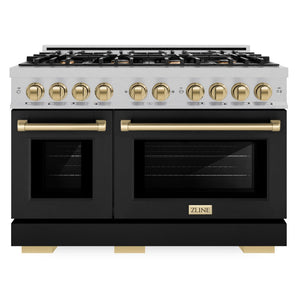 ZLINE Autograph 48" 6.7 cu. ft. Select Double Oven Dual Fuel Range with 8 Burners in DuraSnow® Stainless Steel with Black Matte Doors and Champagne Bronze Accents, HDRSZ-BLM-48-CB