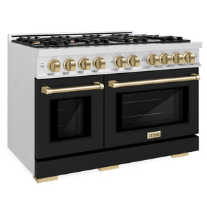 ZLINE Autograph 48" 6.7 cu. ft. Select Double Oven Dual Fuel Range with 8 Burners in DuraSnow® Stainless Steel with Black Matte Doors and Champagne Bronze Accents, HDRSZ-BLM-48-CB