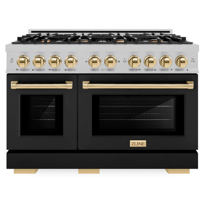 ZLINE Autograph 48" 6.7 cu. ft. Select Double Oven Dual Fuel Range with 8 Burners in DuraSnow® Stainless Steel with Black Matte Doors and Polished Gold Accents, HDRSZ-BLM-48-G