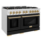 ZLINE Autograph 48" 6.7 cu. ft. Select Double Oven Dual Fuel Range with 8 Burners in DuraSnow® Stainless Steel with Black Matte Doors and Polished Gold Accents, HDRSZ-BLM-48-G