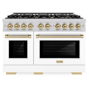 ZLINE Autograph 48" 6.7 cu. ft. Select Double Oven Dual Fuel Range with 8 Burners in DuraSnow® Stainless Steel with White Matte Doors and Champagne Bronze Accents, HDRSZ-WM-48-CB