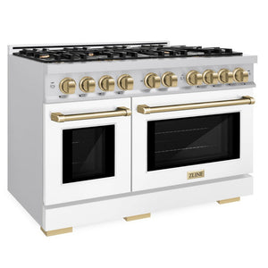 ZLINE Autograph 48" 6.7 cu. ft. Select Double Oven Dual Fuel Range with 8 Burners in DuraSnow® Stainless Steel with White Matte Doors and Champagne Bronze Accents, HDRSZ-WM-48-CB