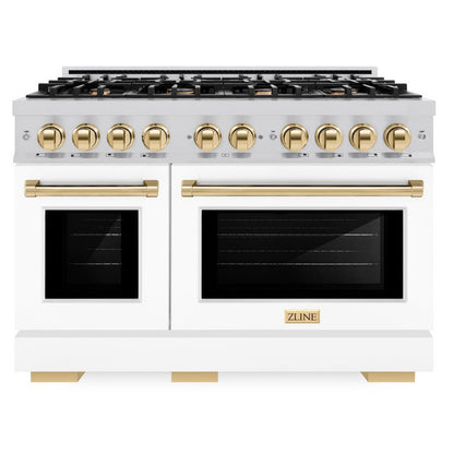 ZLINE Autograph 48" 6.7 cu. ft. Select Double Oven Dual Fuel Range with 8 Burners in DuraSnow® Stainless Steel with White Matte Doors and Polished Gold Accents, HDRSZ-WM-48-G