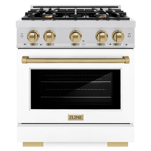 ZLINE Autograph 30" 4.2 cu. ft. Select Dual Fuel Range with 4 Burners in DuraSnow® Stainless Steel with White Matte Door and Champagne Bronze Accents, HDRSZ-WM-30-CB