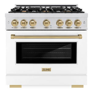 ZLINE Autograph 36" 5.2 cu. ft. Select Dual Fuel Range with 6 Burners in DuraSnow® Stainless Steel with White Matte Door and Champagne Bronze Accents, HDRSZ-WM-36-CB