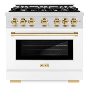 ZLINE Autograph 36" 5.2 cu. ft. Select Dual Fuel Range with 6 Burners in DuraSnow® Stainless Steel with White Matte Door and Polished Gold Accents, HDRSZ-WM-36-G