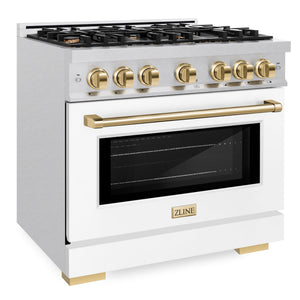 ZLINE Autograph 36" 5.2 cu. ft. Select Dual Fuel Range with 6 Burners in DuraSnow® Stainless Steel with White Matte Door and Polished Gold Accents, HDRSZ-WM-36-G