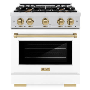 ZLINE Autograph 30" 4.2 cu. ft. Select Gas Range with 4 Burners in DuraSnow® Stainless Steel with White Matte Door and Champagne Bronze Accents, HGRSZ-WM-30-CB