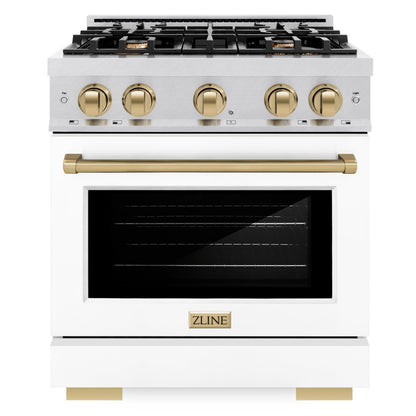 ZLINE Autograph 30" 4.2 cu. ft. Select Gas Range with 4 Burners in DuraSnow® Stainless Steel with White Matte Door and Champagne Bronze Accents, HGRSZ-WM-30-CB