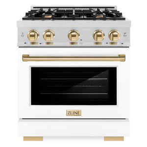 ZLINE Autograph 30" 4.2 cu. ft. Select Gas Range with 4 Burners in DuraSnow® Stainless Steel with White Matte Door and Polished Gold Accents, HGRSZ-WM-30-G