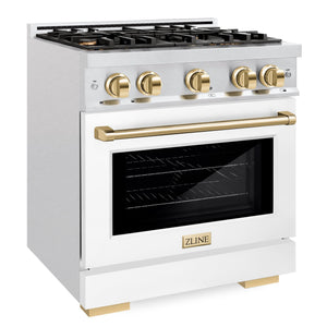 ZLINE Autograph 30" 4.2 cu. ft. Select Gas Range with 4 Burners in DuraSnow® Stainless Steel with White Matte Door and Polished Gold Accents, HGRSZ-WM-30-G