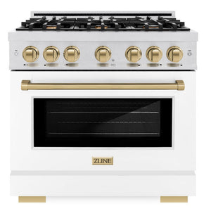 ZLINE Autograph 36" 5.2 cu. ft. Select Gas Range with 6 Burners in DuraSnow® Stainless Steel with White Matte Door and Champagne Bronze Accents, HGRSZ-WM-36-CB
