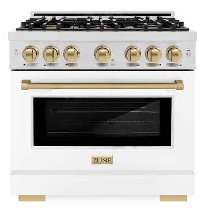 ZLINE Autograph 36" 5.2 cu. ft. Select Gas Range with 6 Burners in DuraSnow® Stainless Steel with White Matte Door and Champagne Bronze Accents, HGRSZ-WM-36-CB