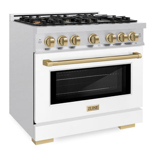 ZLINE Autograph 36" 5.2 cu. ft. Select Gas Range with 6 Burners in DuraSnow® Stainless Steel with White Matte Door and Champagne Bronze Accents, HGRSZ-WM-36-CB