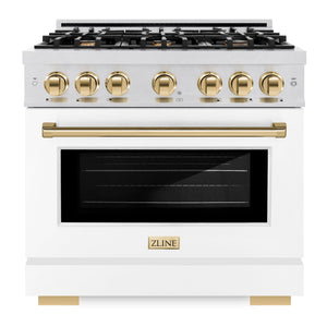 ZLINE Autograph 36" 5.2 cu. ft. Select Gas Range with 6 Burners in DuraSnow® Stainless Steel with White Matte Door and Polished Gold Accents, HGRSZ-WM-36-G
