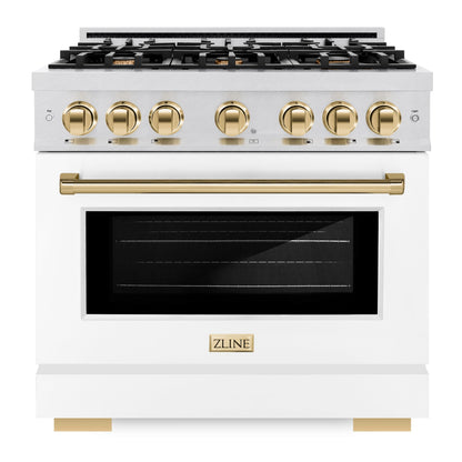 ZLINE Autograph 36" 5.2 cu. ft. Select Gas Range with 6 Burners in DuraSnow® Stainless Steel with White Matte Door and Polished Gold Accents, HGRSZ-WM-36-G