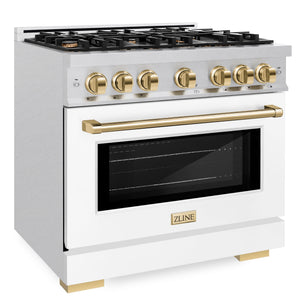 ZLINE Autograph 36" 5.2 cu. ft. Select Gas Range with 6 Burners in DuraSnow® Stainless Steel with White Matte Door and Polished Gold Accents, HGRSZ-WM-36-G