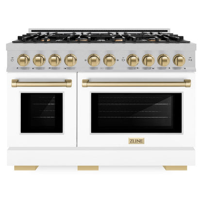ZLINE Autograph 48" 6.7 cu. ft. Select Double Oven Gas Range with 8 Burners in DuraSnow® Stainless Steel with White Matte Doors and Champagne Bronze Accents, HGRSZ-WM-48-CB