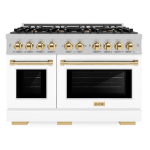 ZLINE Autograph 48" 6.7 cu. ft. Select Double Oven Gas Range with 8 Burners in DuraSnow® Stainless Steel with White Matte Doors and Polished Gold Accents, HGRSZ-WM-48-G