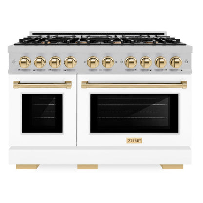 ZLINE Autograph 48" 6.7 cu. ft. Select Double Oven Gas Range with 8 Burners in DuraSnow® Stainless Steel with White Matte Doors and Polished Gold Accents, HGRSZ-WM-48-G
