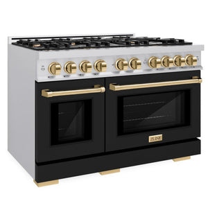 ZLINE Autograph 48" 6.7 cu. ft. Select Double Oven Gas Range with 8 Burners in Stainless Steel with Black Matte Doors and Polished Gold Accents, HGRZ-BLM-48-G