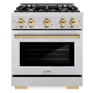 ZLINE Autograph 30" 4.2 cu. ft. Select Dual Fuel Range with 4 Burners in Stainless Steel with Polished Gold Accents, HDRZ-30-G