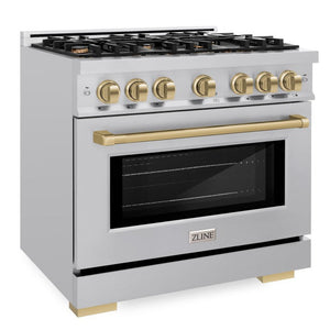 ZLINE Autograph 36" 5.2 cu. ft. Select Dual Fuel Range with 6 Burners in Stainless Steel with Champagne Bronze Accents, HDRZ-36-CB