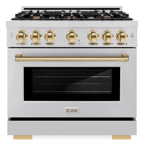 ZLINE Autograph 36" 5.2 cu. ft. Select Dual Fuel Range with 6 Burners in Stainless Steel with Polished Gold Accents, HDRZ-36-G