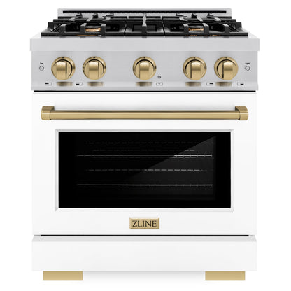 ZLINE Autograph 30" 4.2 cu. ft. Select Dual Fuel Range with 4 Burners in Stainless Steel with White Matte Door and Champagne Bronze Accents, HDRZ-WM-30-CB