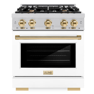 ZLINE Autograph 30" 4.2 cu. ft. Select Dual Fuel Range with 4 Burners in Stainless Steel with White Matte Door and Polished Gold Accents, HDRZ-WM-30-G