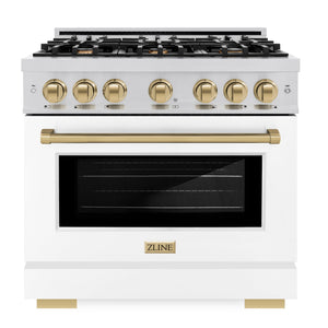 ZLINE Autograph 36" 5.2 cu. ft. Select Dual Fuel Range with 6 Burners in Stainless Steel with White Matte Door and Champagne Bronze Accents, HDRZ-WM-36-CB