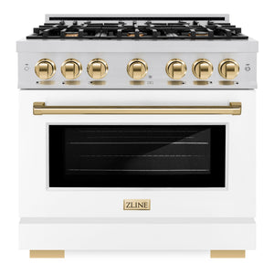 ZLINE Autograph 36" 5.2 cu. ft. Select Dual Fuel Range with 6 Burners in Stainless Steel with White Matte Door and Polished Gold Accents, HDRZ-WM-36-G