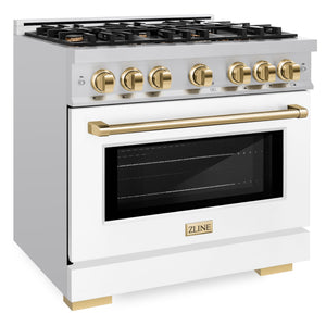 ZLINE Autograph 36" 5.2 cu. ft. Select Dual Fuel Range with 6 Burners in Stainless Steel with White Matte Door and Polished Gold Accents, HDRZ-WM-36-G
