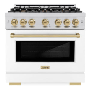 ZLINE Autograph 36" 5.2 cu. ft. Select Gas Range with 6 Burners in Stainless Steel with White Matte Door and Champagne Bronze Accents, HGRZ-WM-36-CB