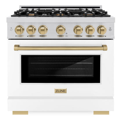 ZLINE Autograph 36" 5.2 cu. ft. Select Gas Range with 6 Burners in Stainless Steel with White Matte Door and Champagne Bronze Accents, HGRZ-WM-36-CB
