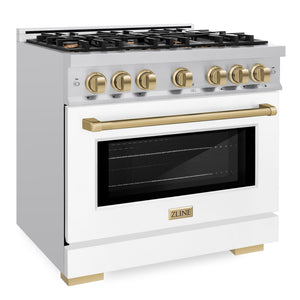 ZLINE Autograph 36" 5.2 cu. ft. Select Gas Range with 6 Burners in Stainless Steel with White Matte Door and Champagne Bronze Accents, HGRZ-WM-36-CB